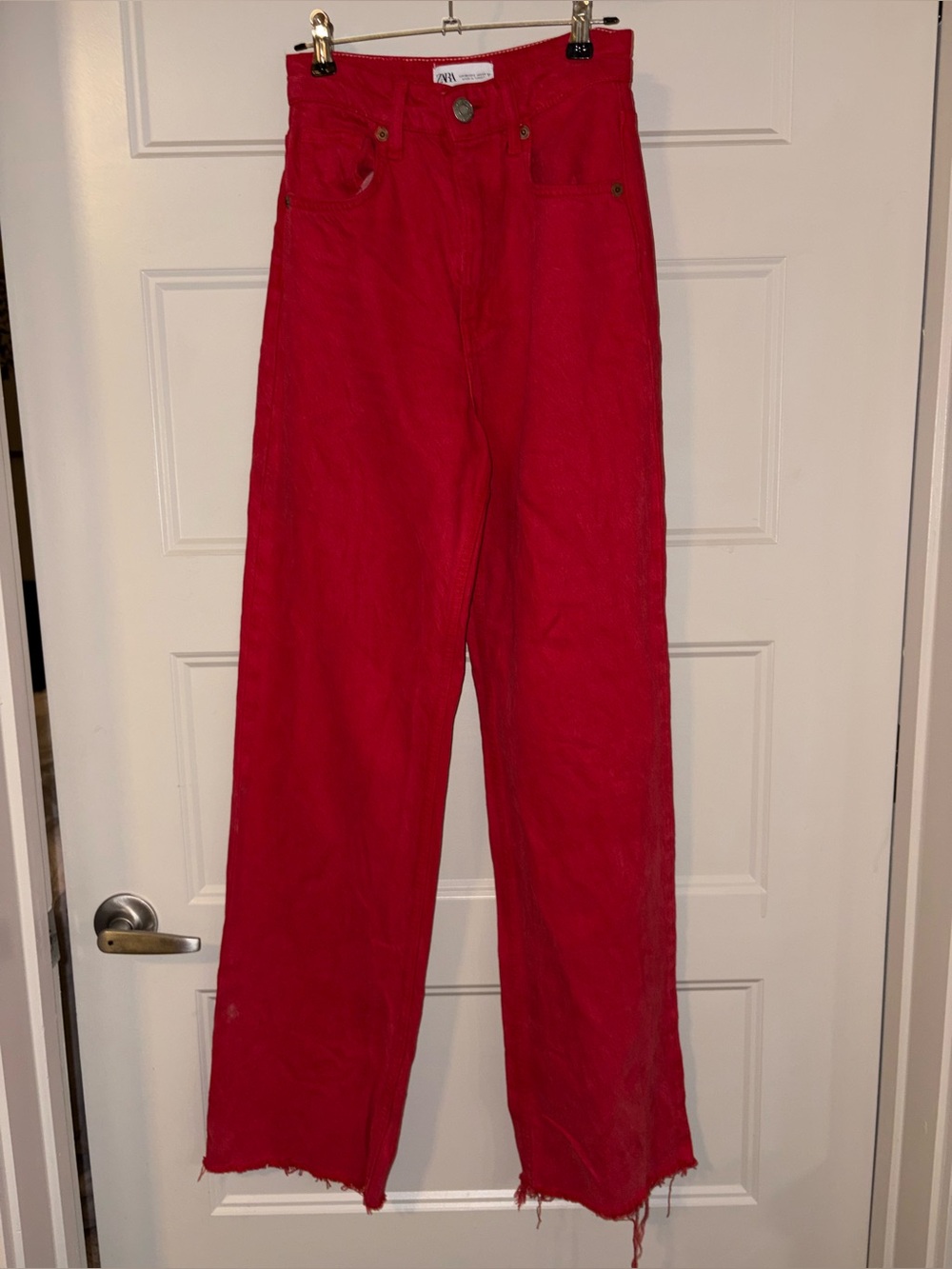 Zara Red High Rise Straight Leg Jeans Raw Hem Size 2